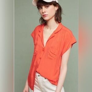 Anthropologie Maeve Camp Shirt Blouse Orange Poppy Red Rayon Medium